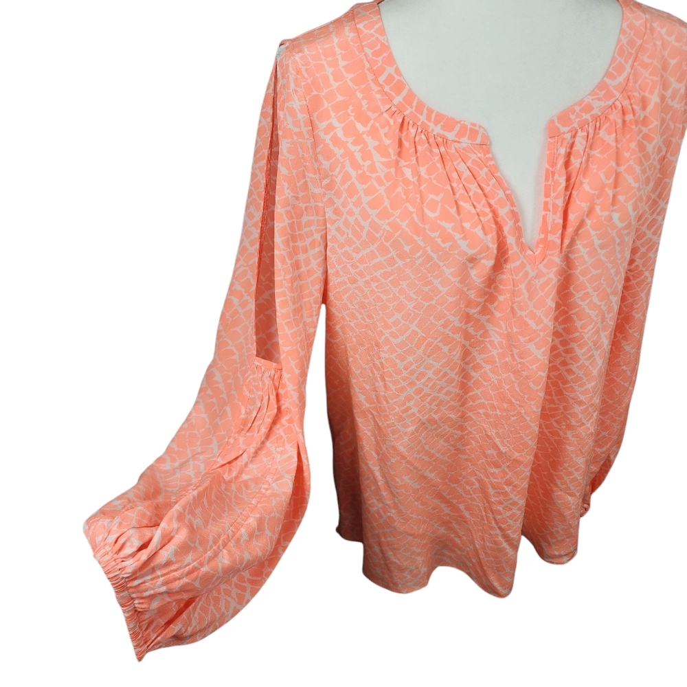 Alice + Trixie Silk Split Sleeve Peasant Blouse Coral Print Size Large - Picture 8 of 15